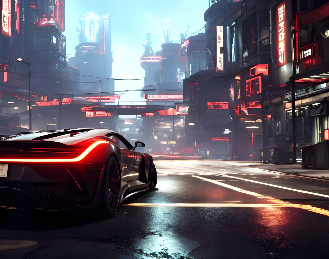 Futuristic cityscape at twilight with neon signs and sports car on deserted street