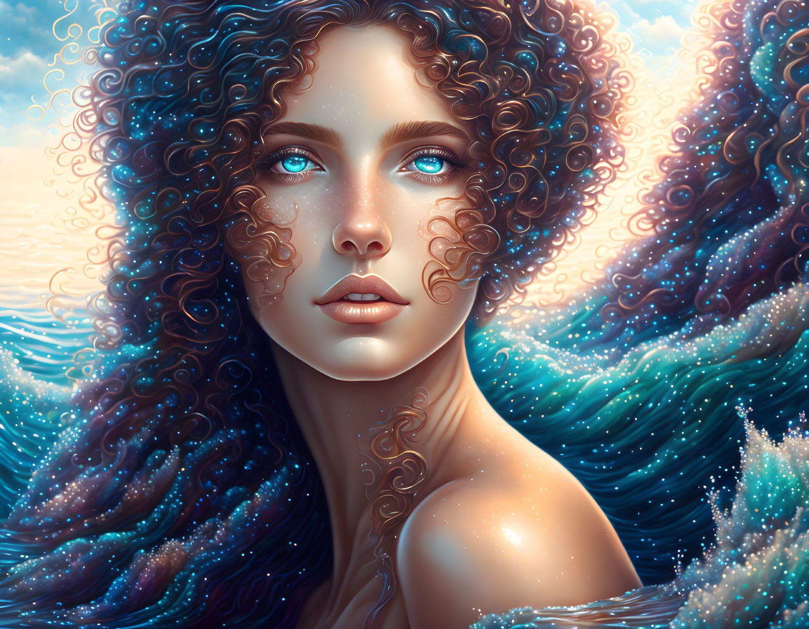 Digital portrait of woman with blue eyes and curly hair in cosmic starry background