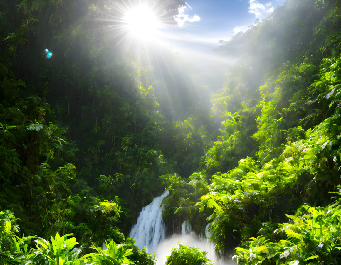 Sunshine through lush green canopy over vibrant rainforest waterfall