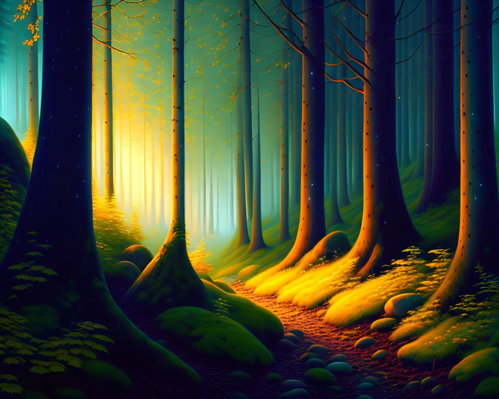 Mystical forest digital artwork with tall trees and lush moss