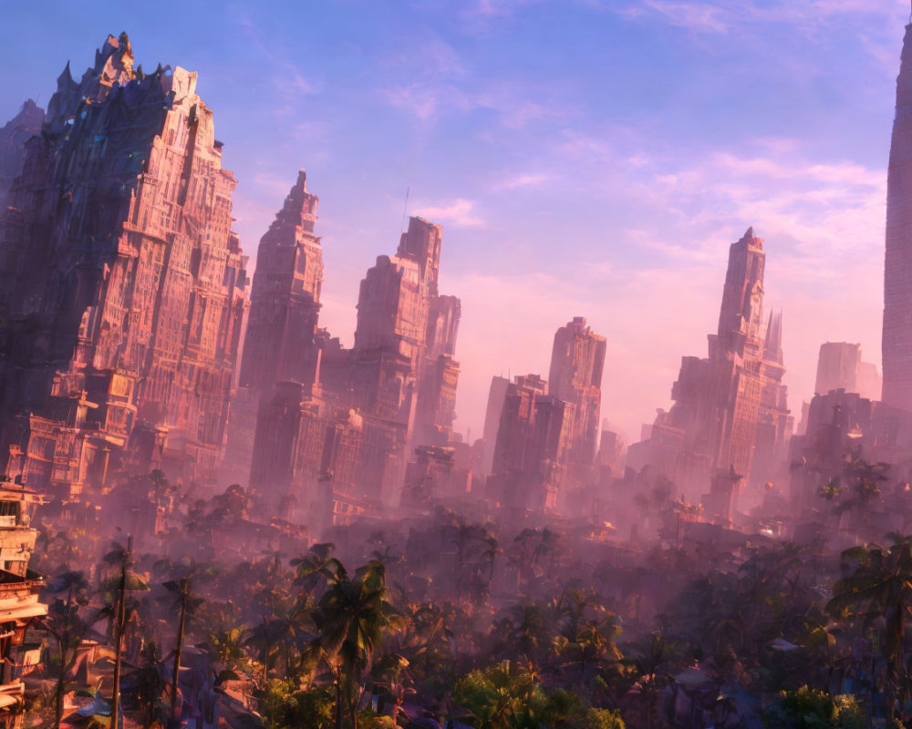 Mystical sunrise cityscape with ancient structures and lush foliage