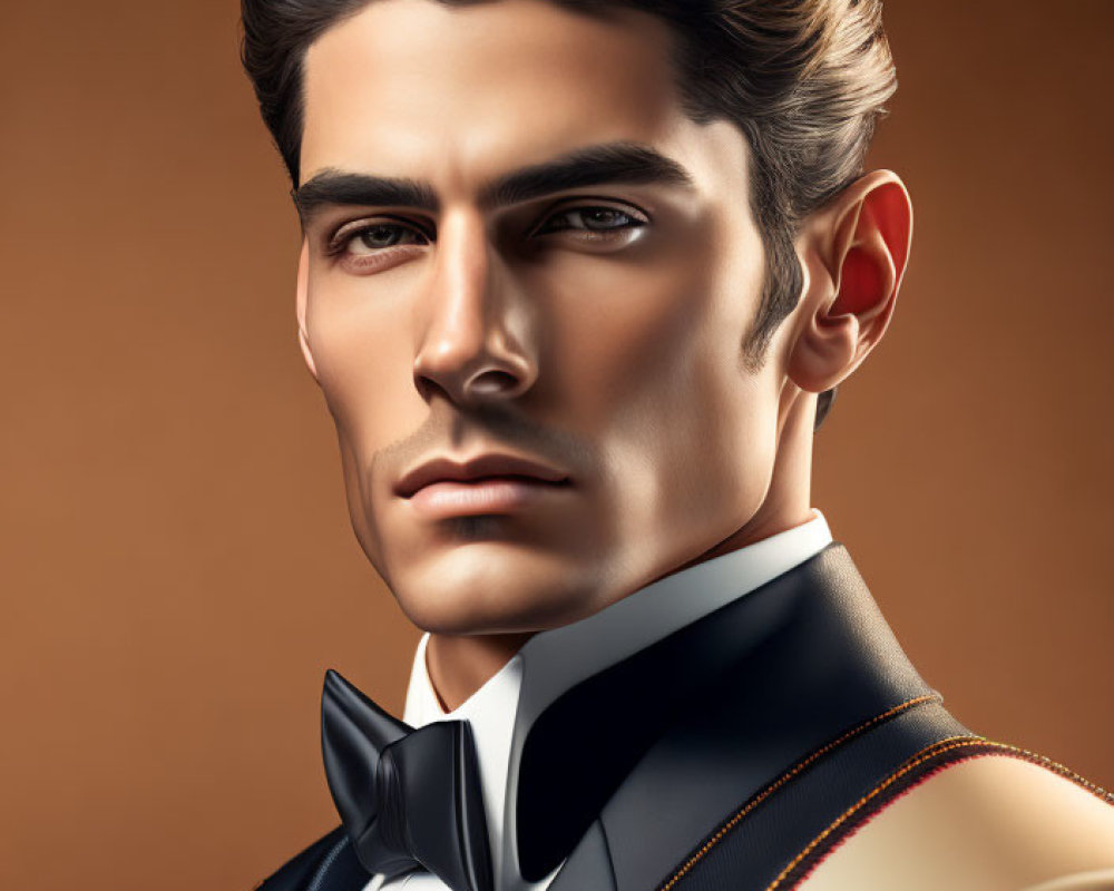 Elegant man in tuxedo with slicked-back hair exudes confidence