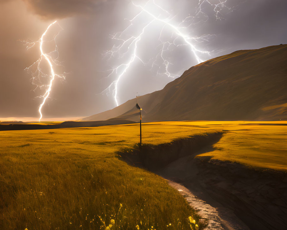 Stormy Sky over Golden Field with Lightning Strikes and Mountain