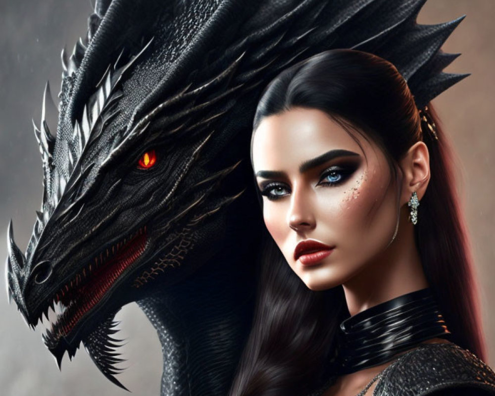 Woman with striking makeup standing next to black dragon with red eyes