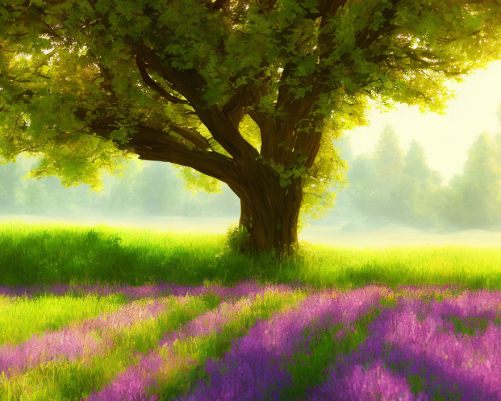 Tranquil scene of lush tree in purple flower field