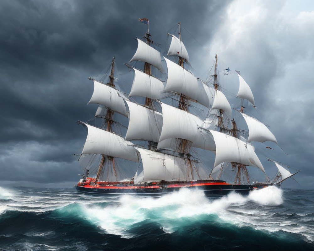 Tall ship with white sails navigating stormy seas