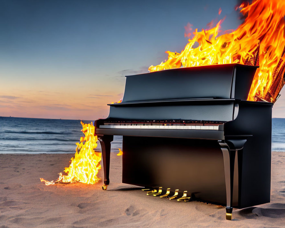 Flaming grand piano on sandy beach at twilight