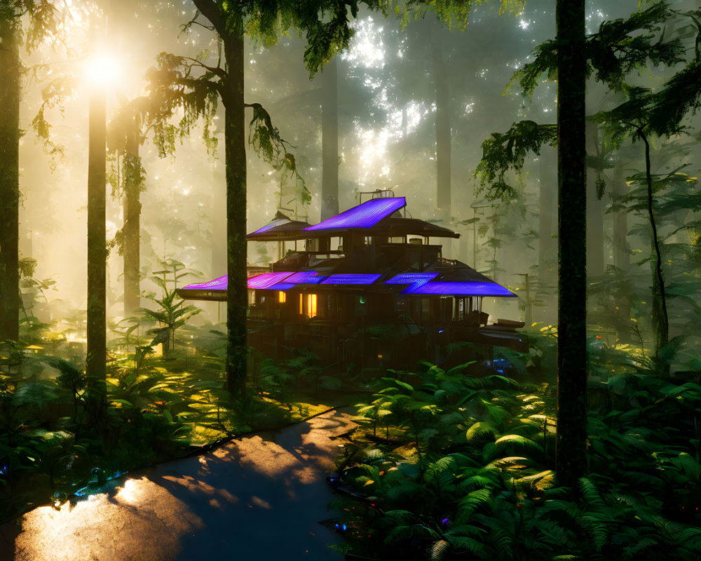 Futuristic house with purple glowing elements in misty forest