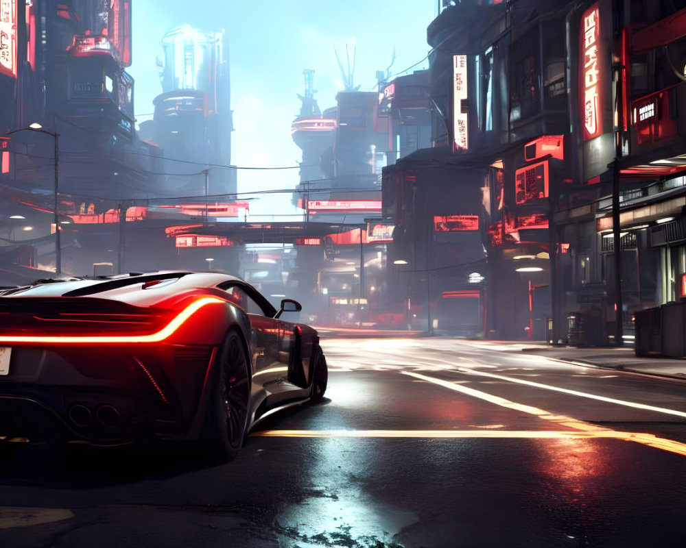 Futuristic cityscape at twilight with neon signs and sports car on deserted street