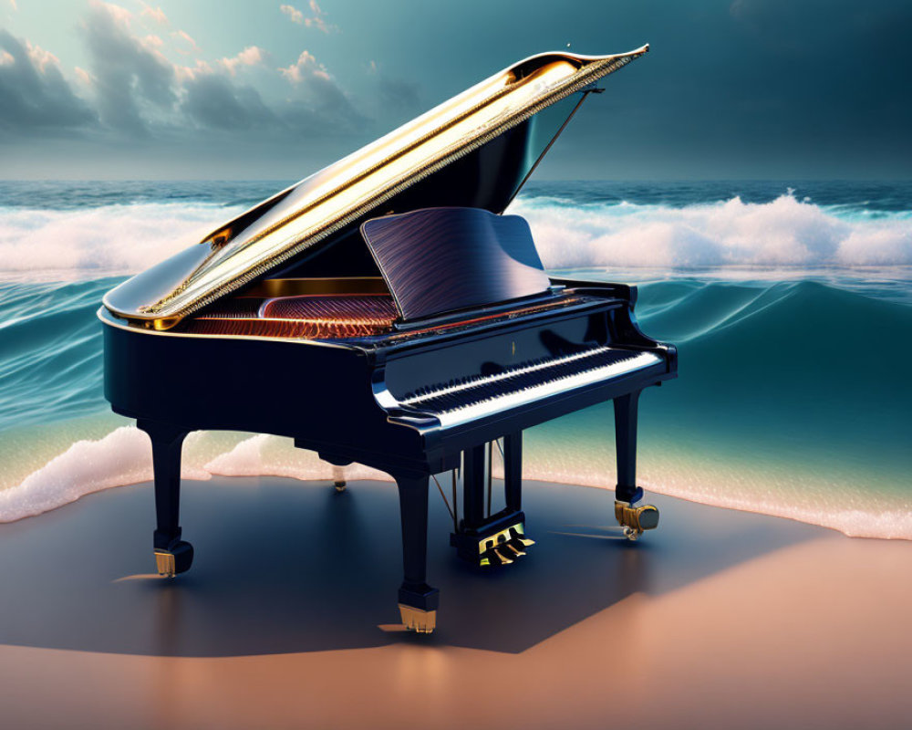 Grand piano on sandy beach with cresting waves at twilight