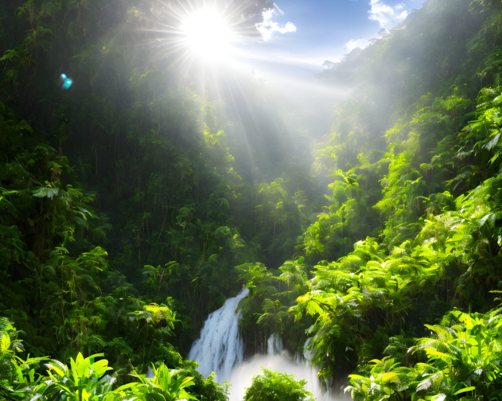 Sunshine through lush green canopy over vibrant rainforest waterfall