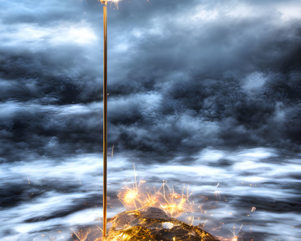 Sparkling sparkler stuck in gold-textured rock among smoky waves