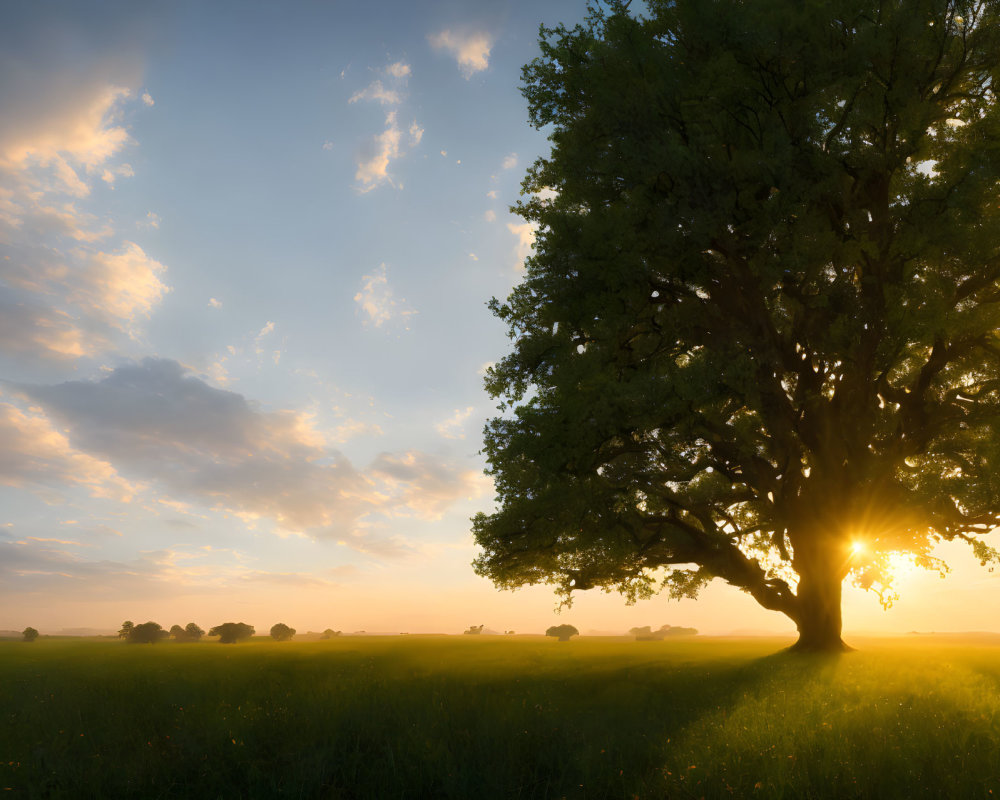 Majestic tree in serene field at sunset with sunlight and fluffy clouds