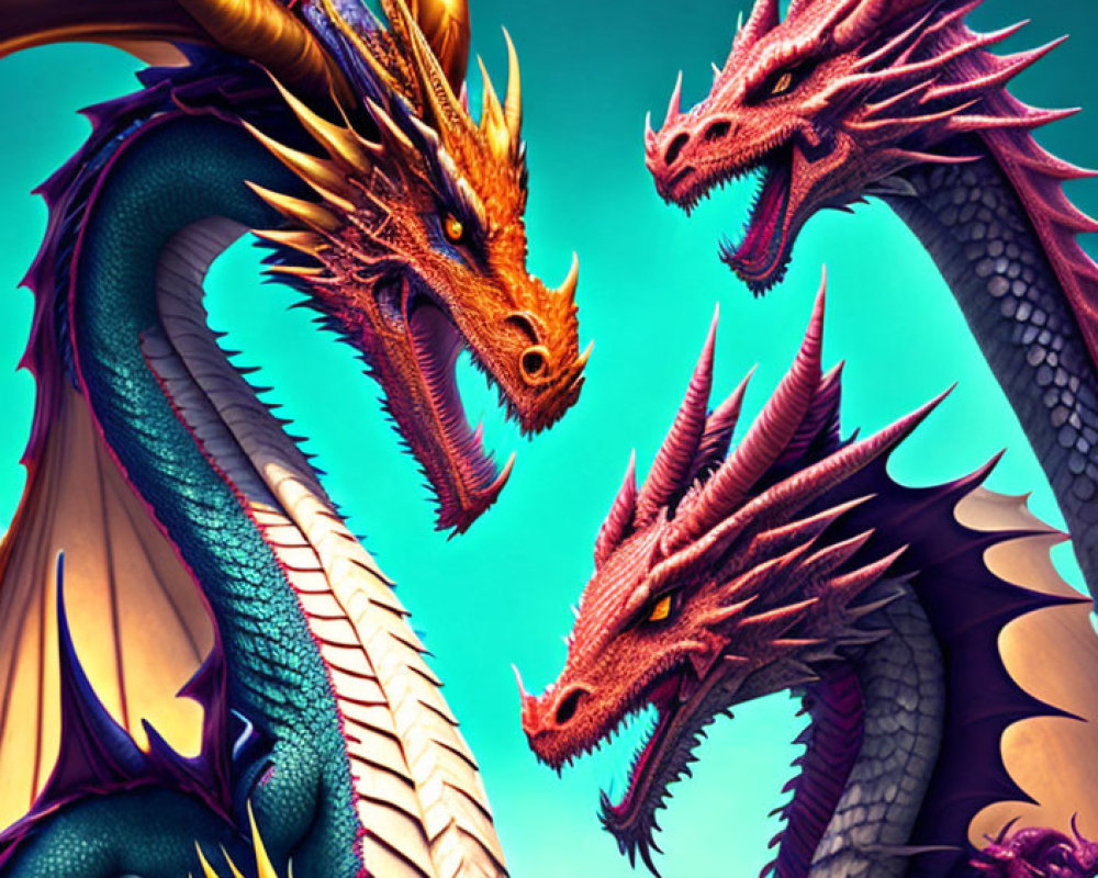 Colorful digital artwork: Three dragons in purple, gold, and pink scales on teal backdrop