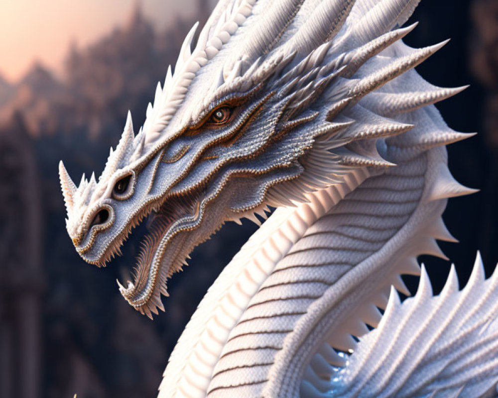 White dragon with horns and armored figure in mountainous setting