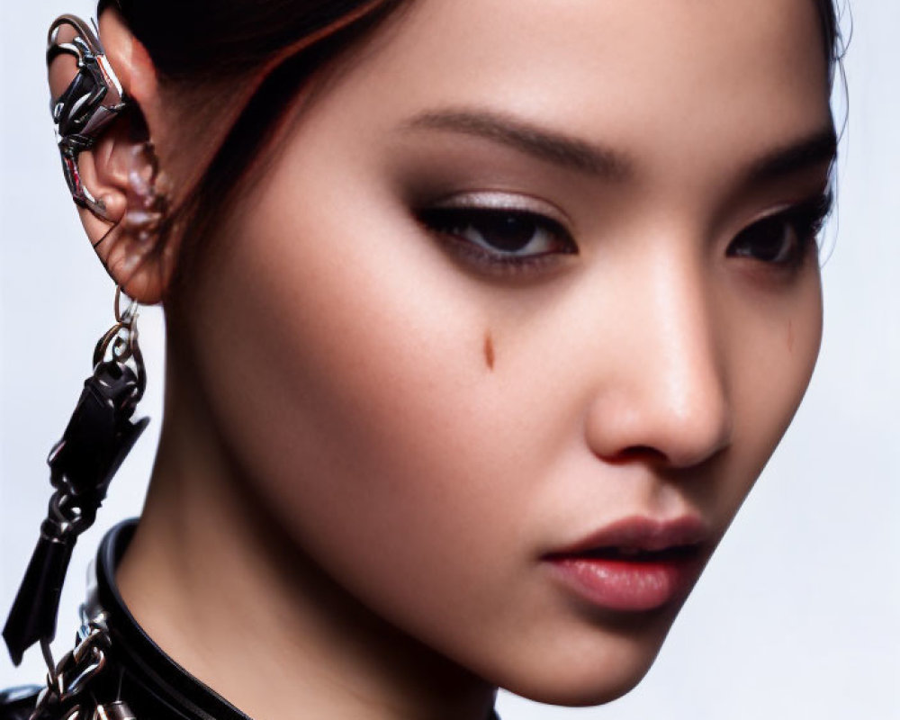 Detailed Close-up of Person with Bold Eye Makeup and Beauty Mark in Black Harness and Chain Accessories