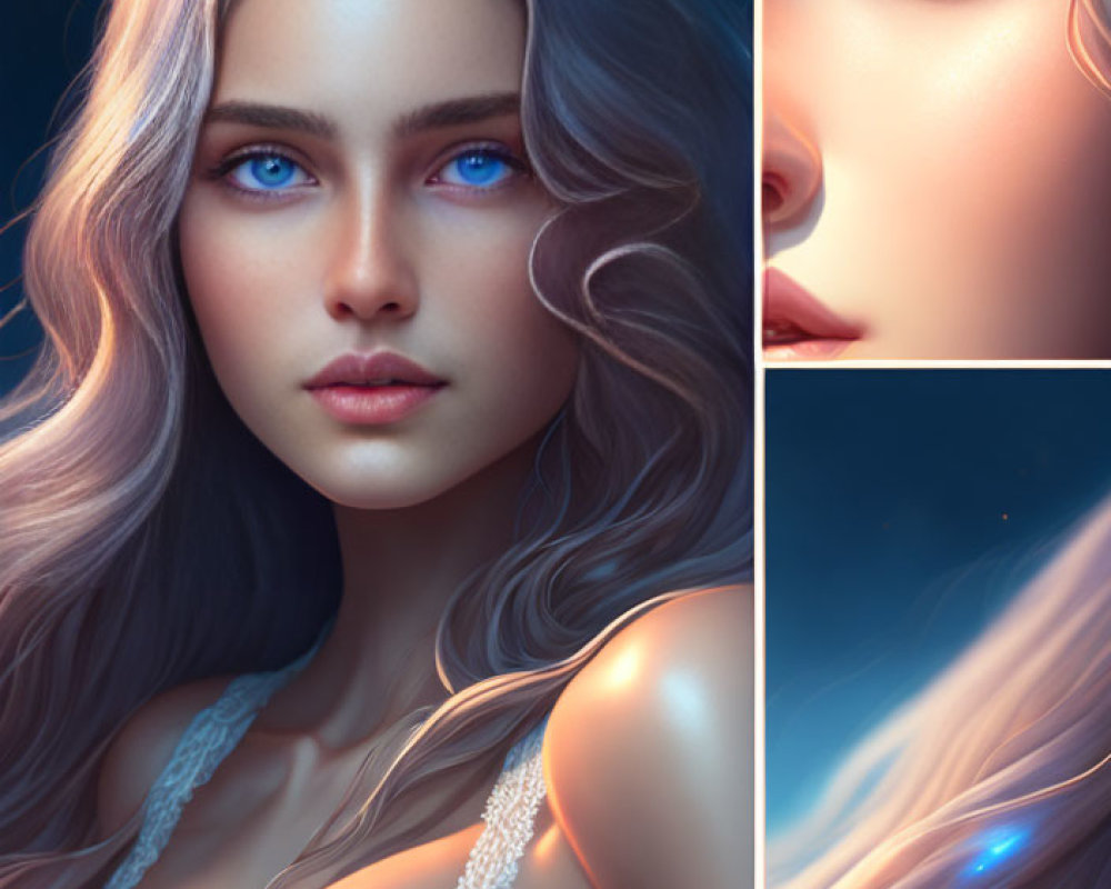 Digital triptych artwork of woman with striking blue eyes and flowing hair.