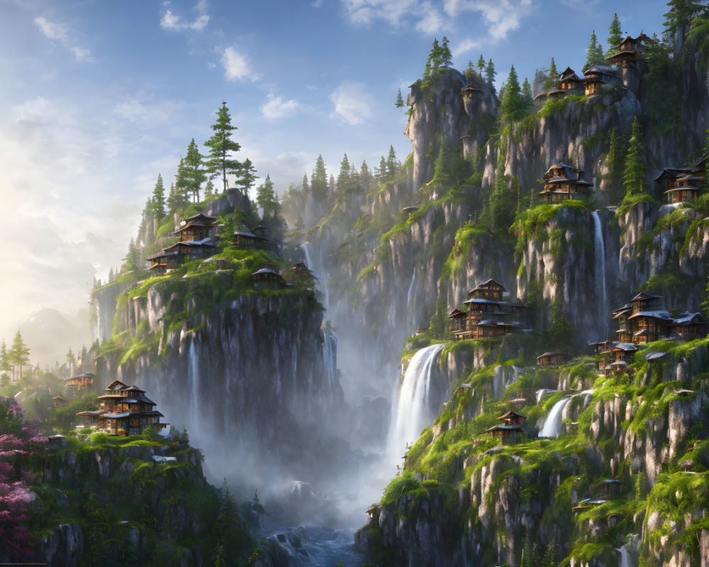 Lush Greenery and Waterfalls in Fantasy Landscape