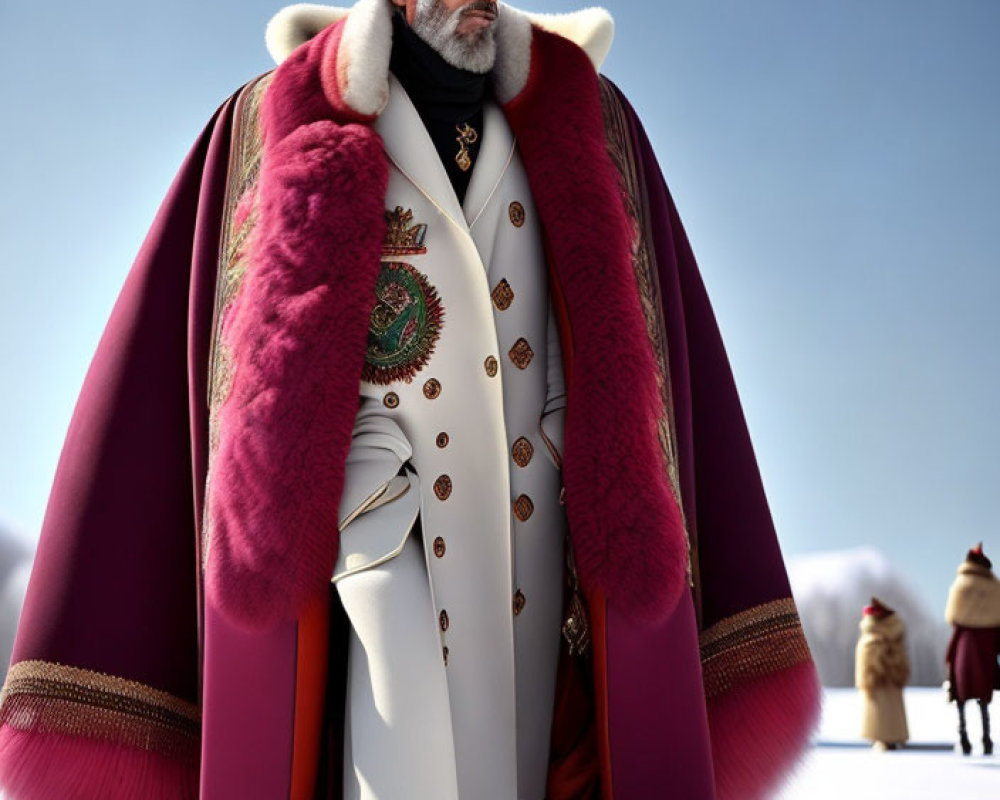 Regal figure in red and white fur-trimmed cloak on snowy landscape