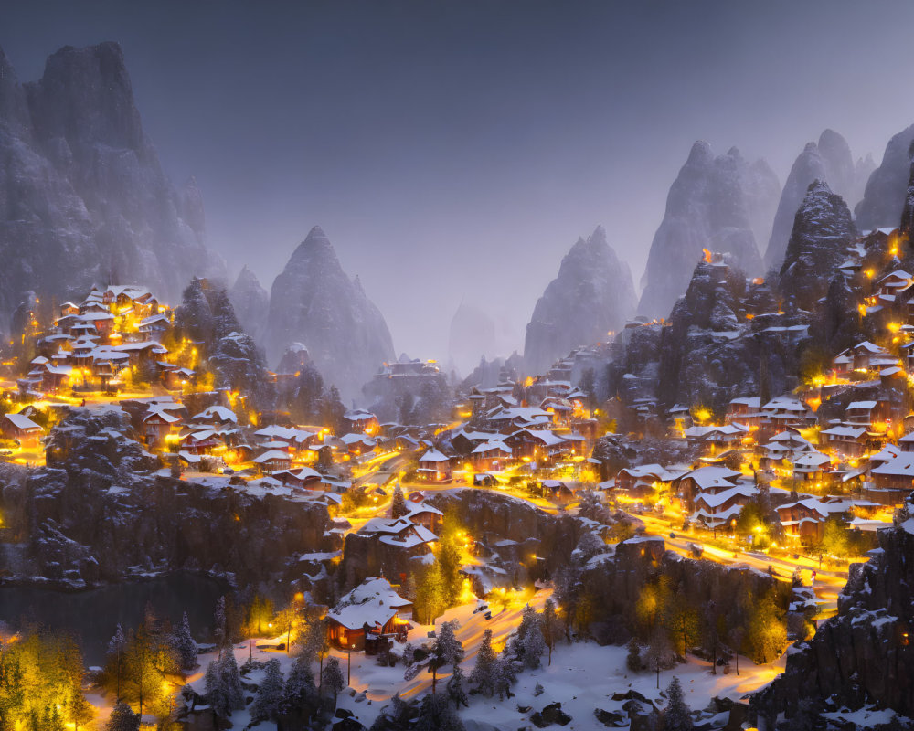 Snow-covered mountain village at twilight with warm lights and mist-covered peaks