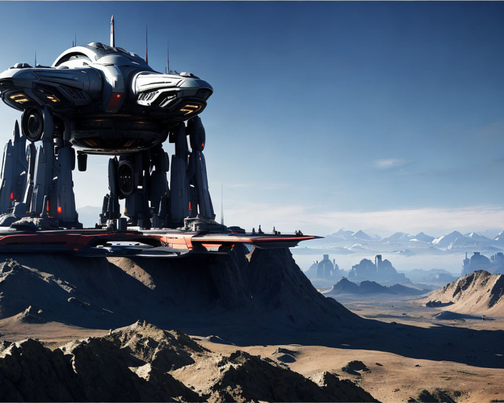 Futuristic spaceship on barren rocky terrain with mountains under clear blue sky