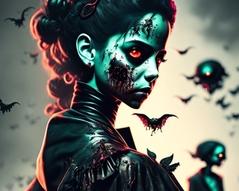 Stylized portrait of woman with greenish skin and dramatic makeup surrounded by bat-like creatures on dark