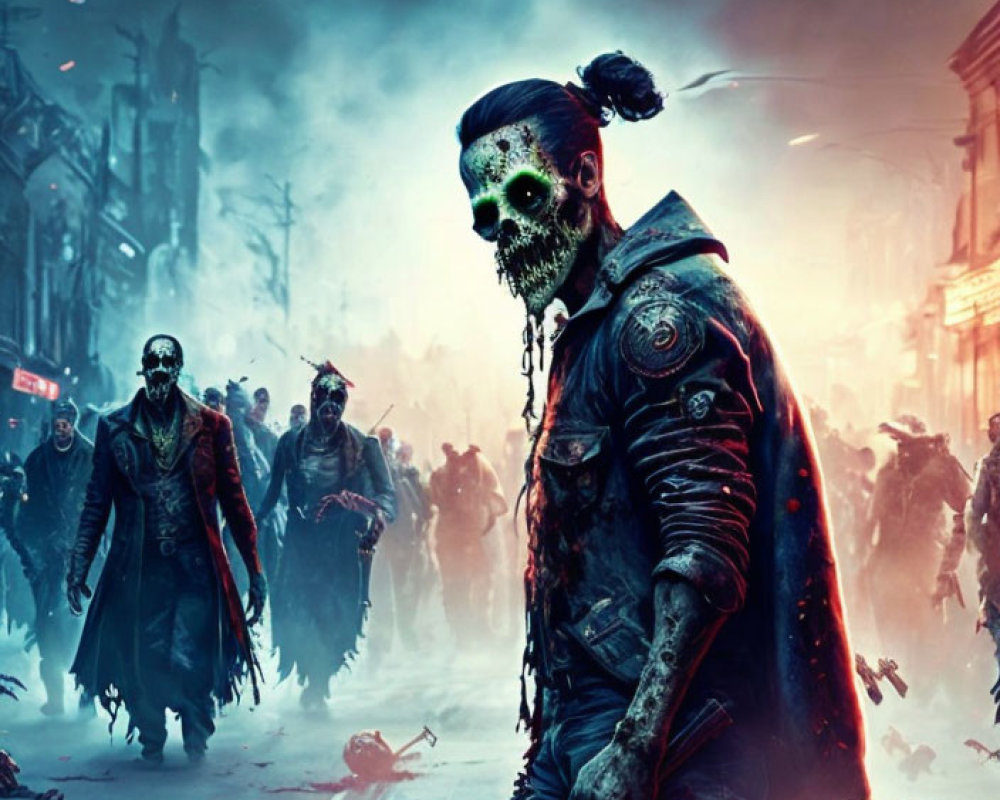 Post-apocalyptic zombies in tattered clothing led by glowing skull-faced figure