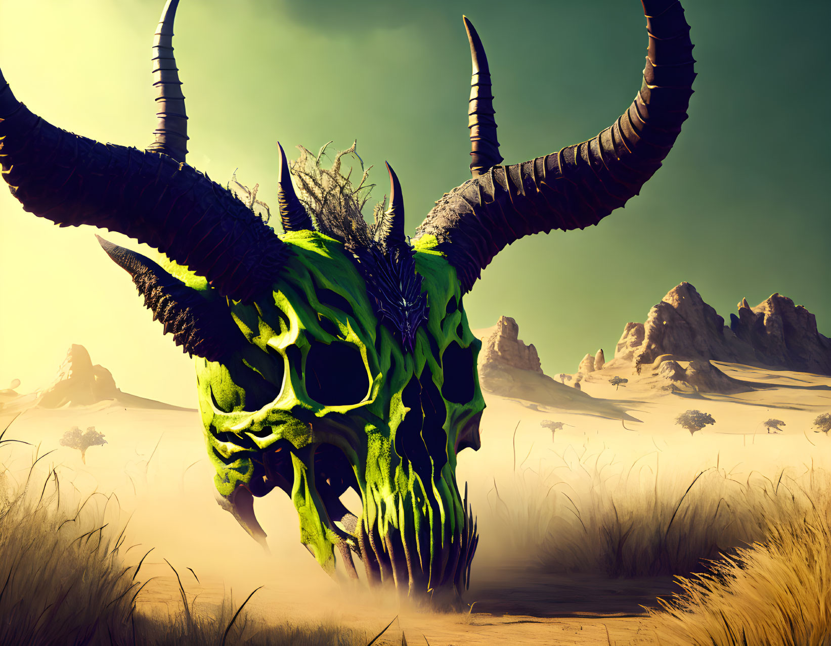 Fantastical skull with long horns in dry savannah landscape