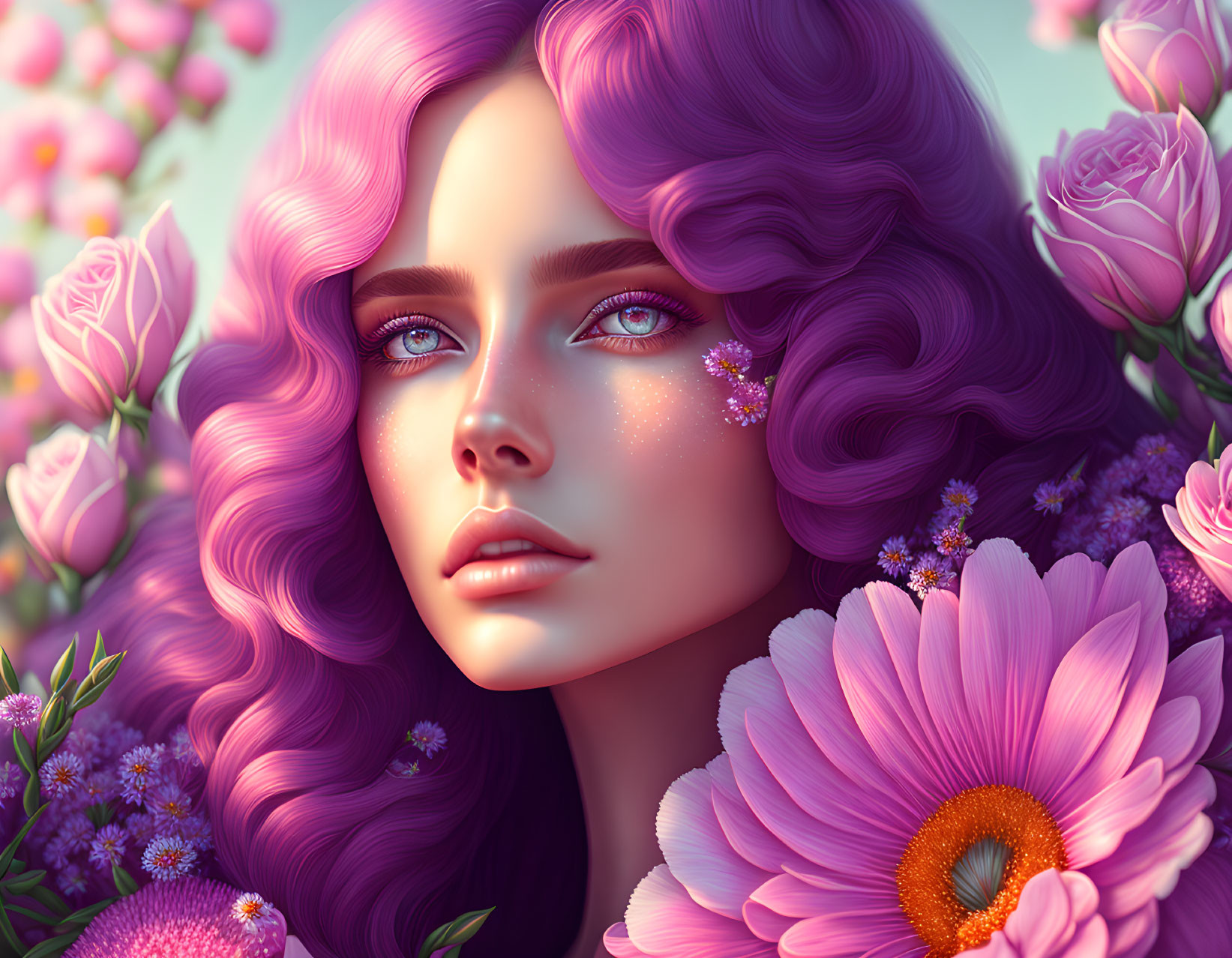 Digital Artwork: Woman with Purple Hair, Blue Eyes, and Floral Hair Adornments