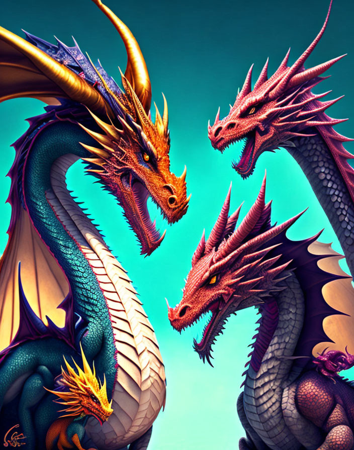 Colorful digital artwork: Three dragons in purple, gold, and pink scales on teal backdrop