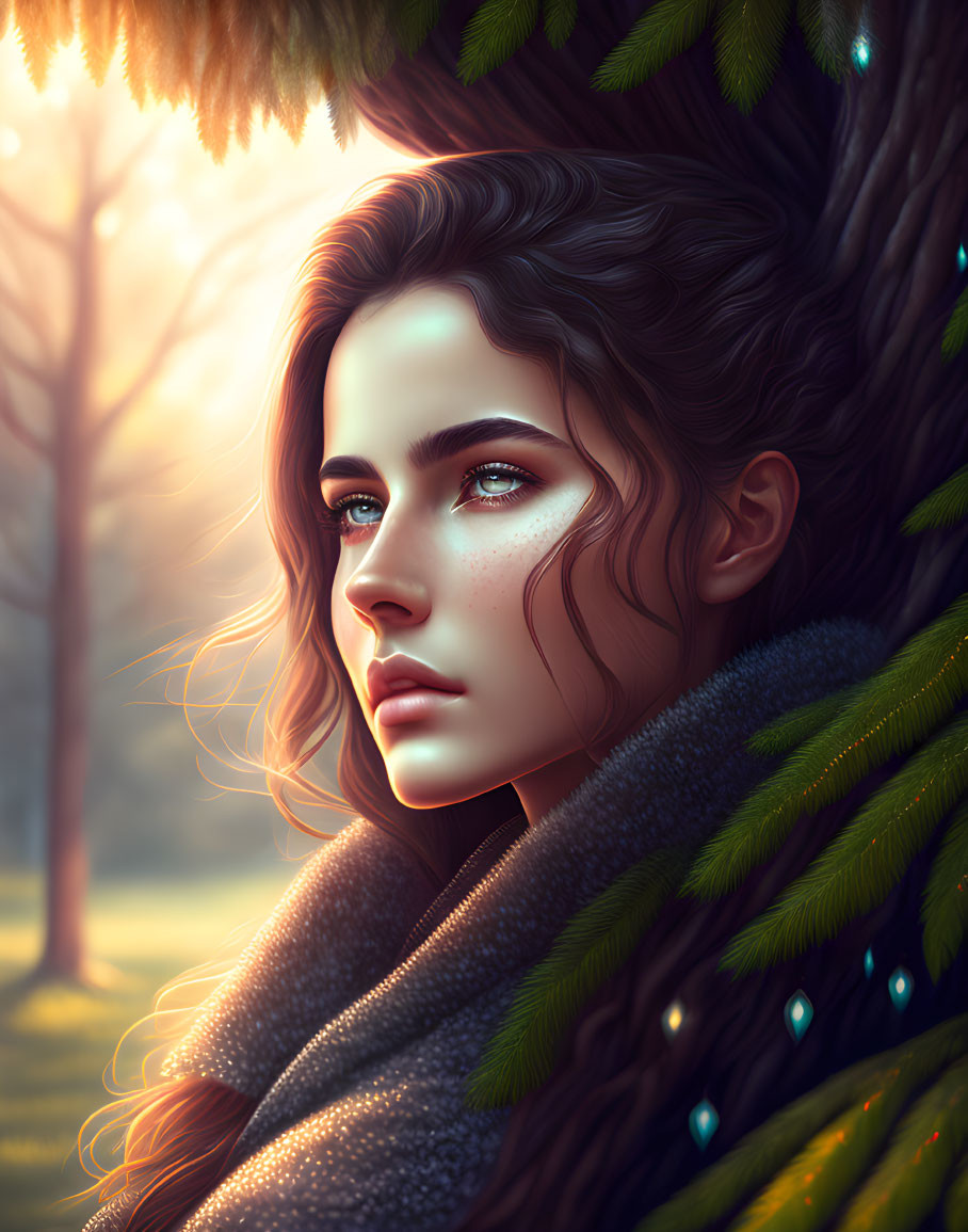 Digital illustration of woman with wavy hair leaning against glowing tree in twilight ambiance