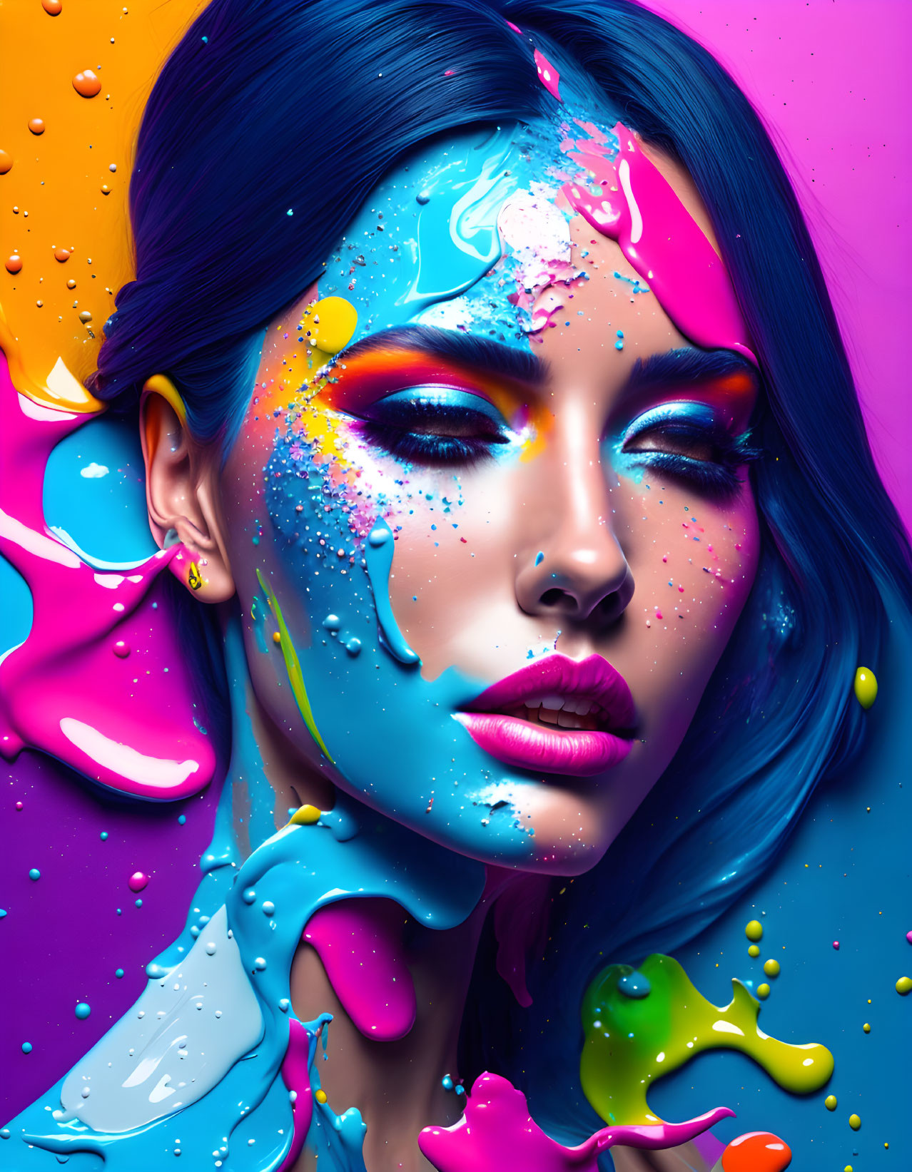 Colorful Neon Paint Makeup Concept on Woman's Face and Hair