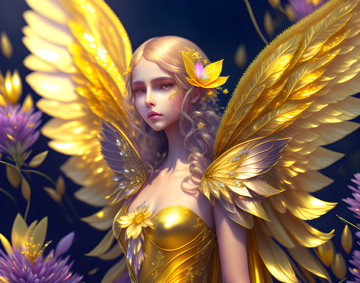 Golden-winged fantasy character with elaborate feathers in serene expression amid purple flowers on dimly lit background