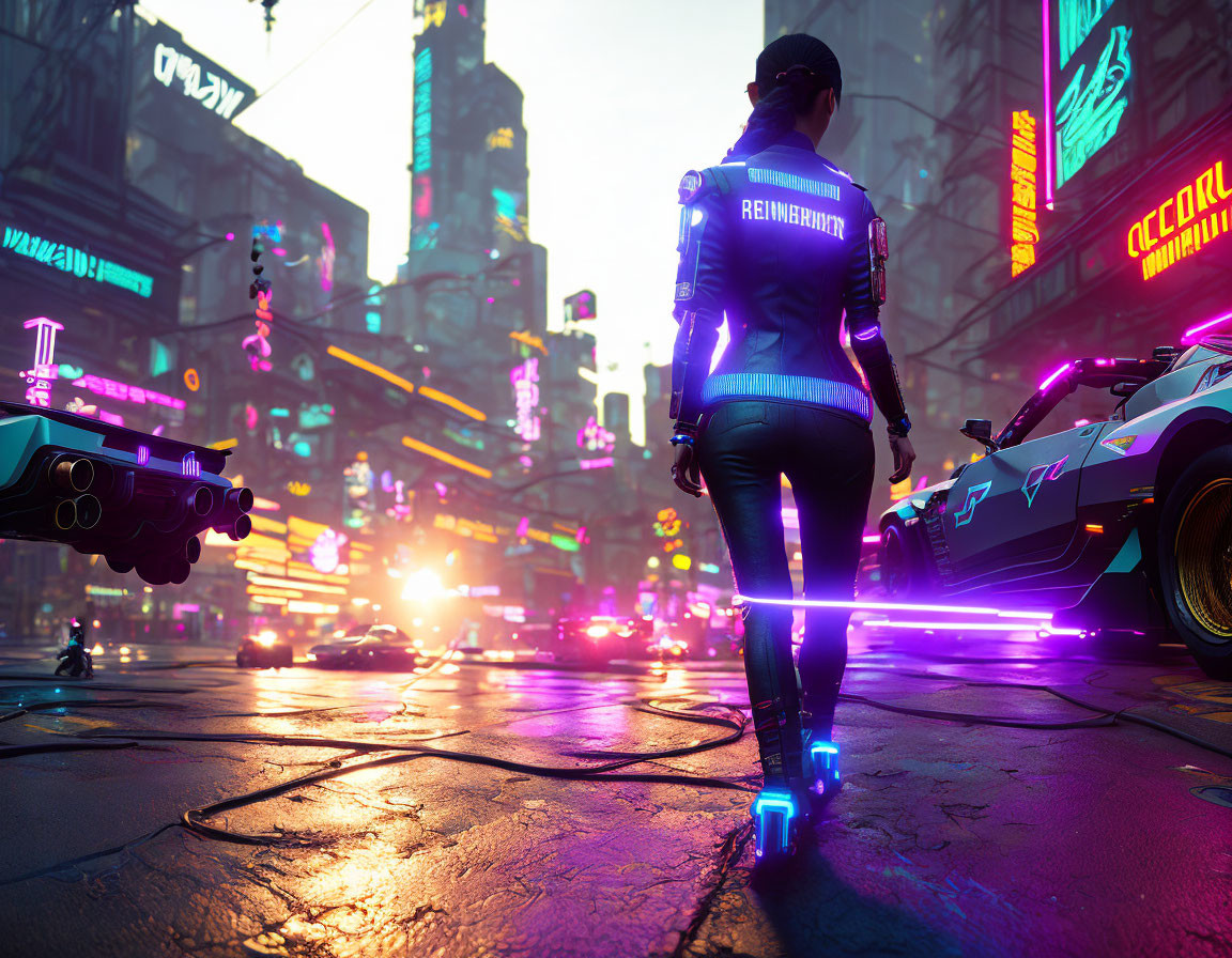 Cybernetic figure in neon-lit futuristic cityscape with glowing weapon