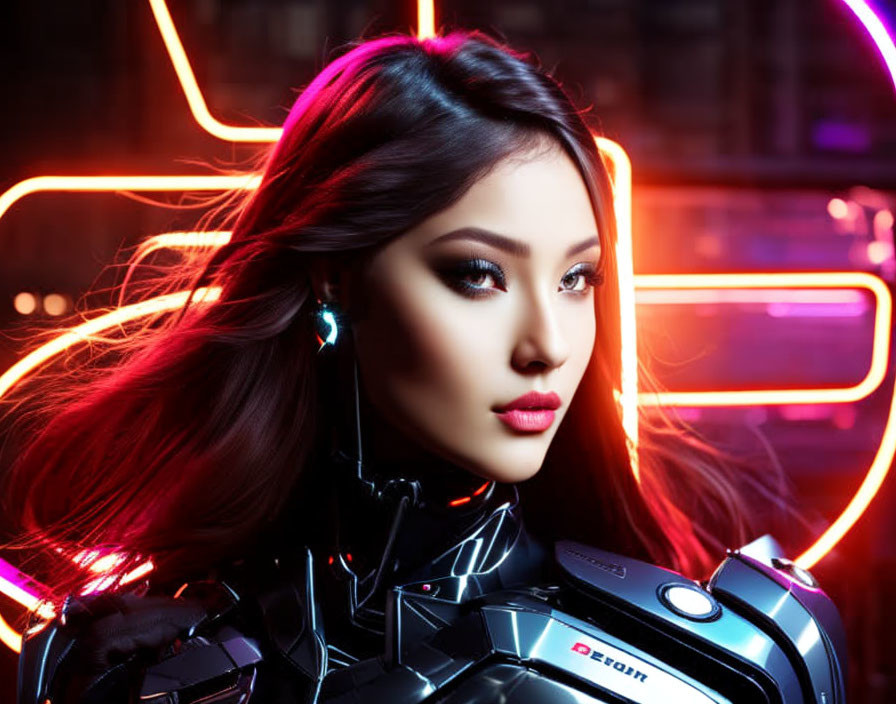 Striking Makeup Woman in Futuristic Attire on Neon-lit Background