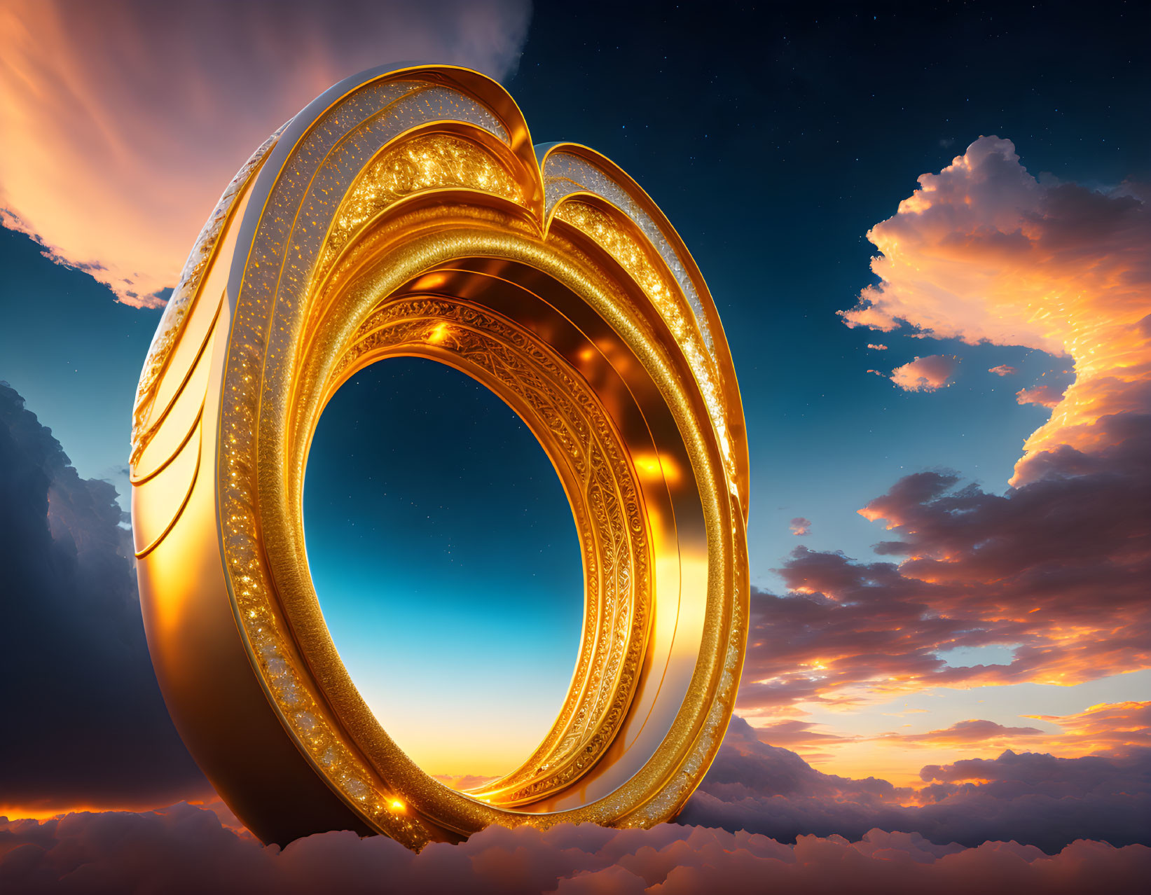 Intricate golden ring structure in sky at sunset