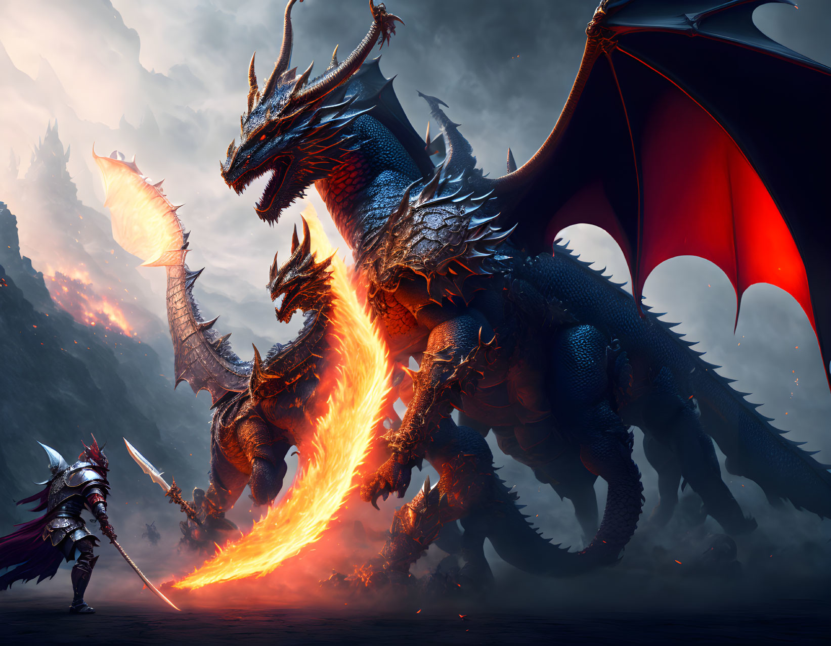 Knight in armor confronts blue dragon in fiery fantasy scene