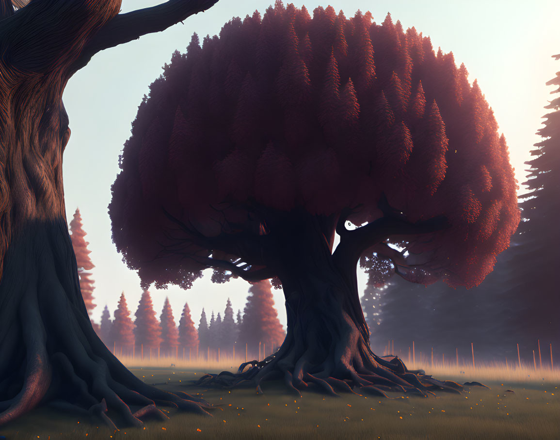 Enchanting mystical tree with thick trunk and reddish foliage in serene forest clearing at dusk