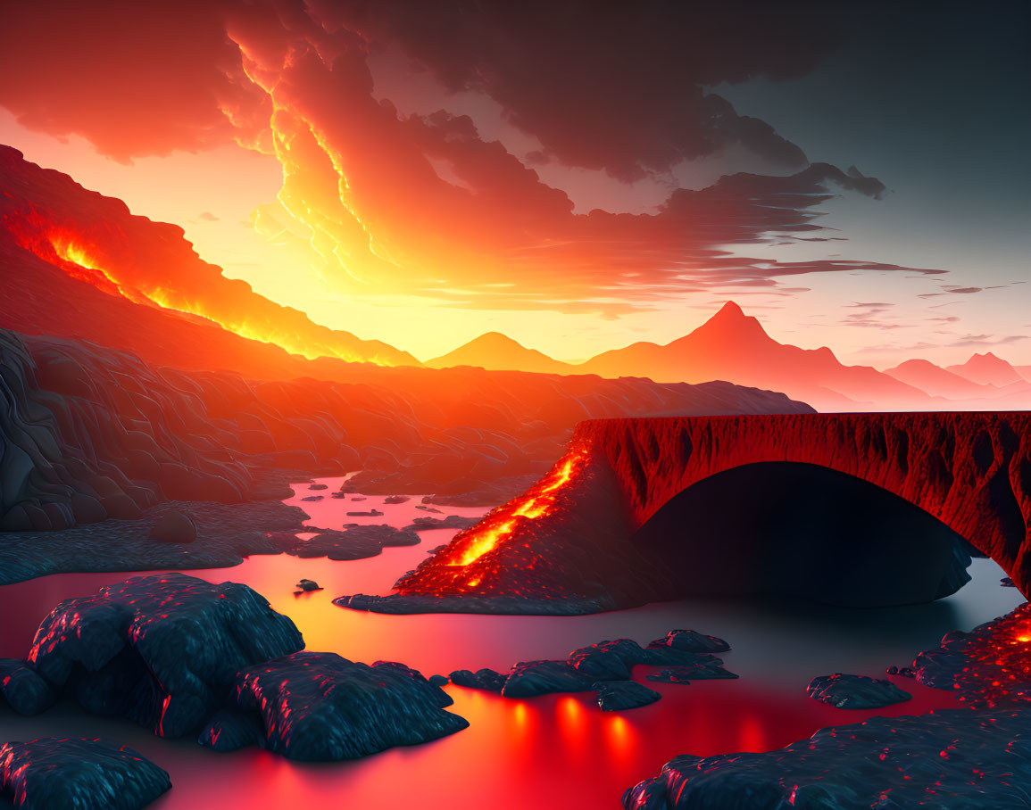 Volcanic landscape with lava river under stone bridge at sunset