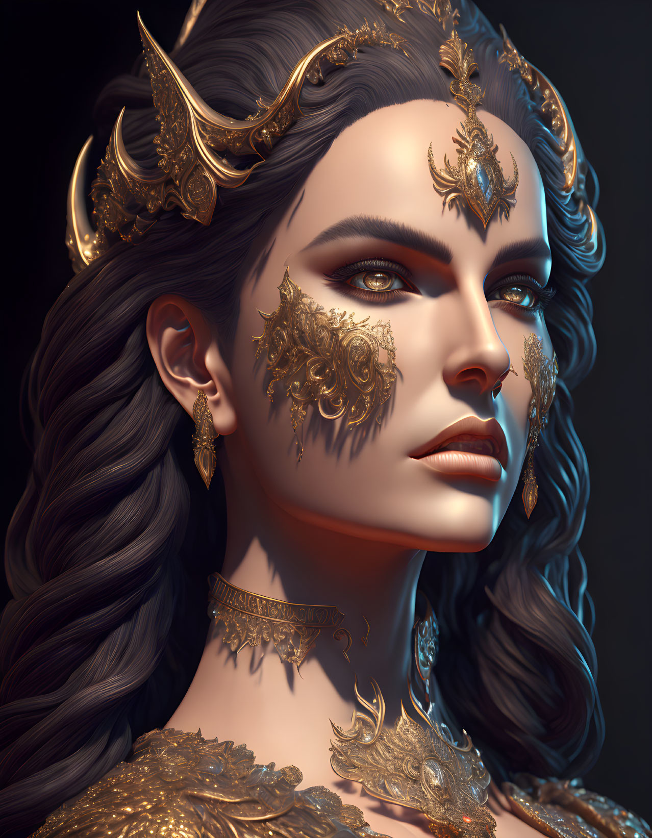 Woman with Golden Horns and Intricate Adornments on Dark Background