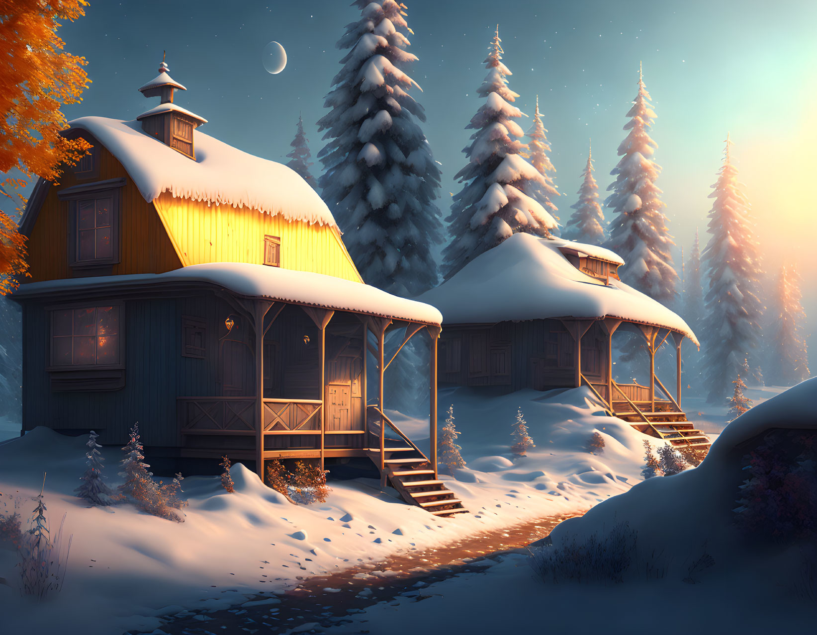 Snowy Forest Twilight Scene: Glowing Cabins & Crescent Moon