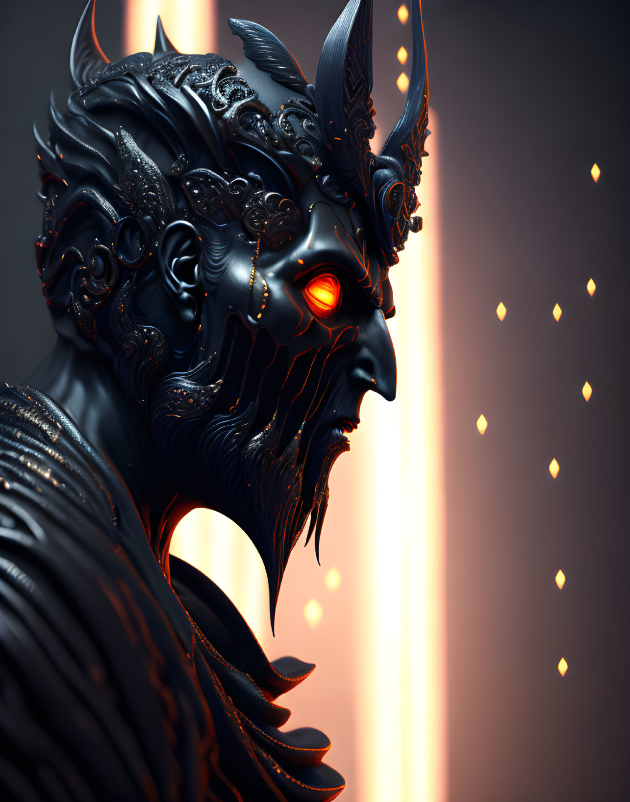 Fantasy character with glowing red eyes in ornate black armor