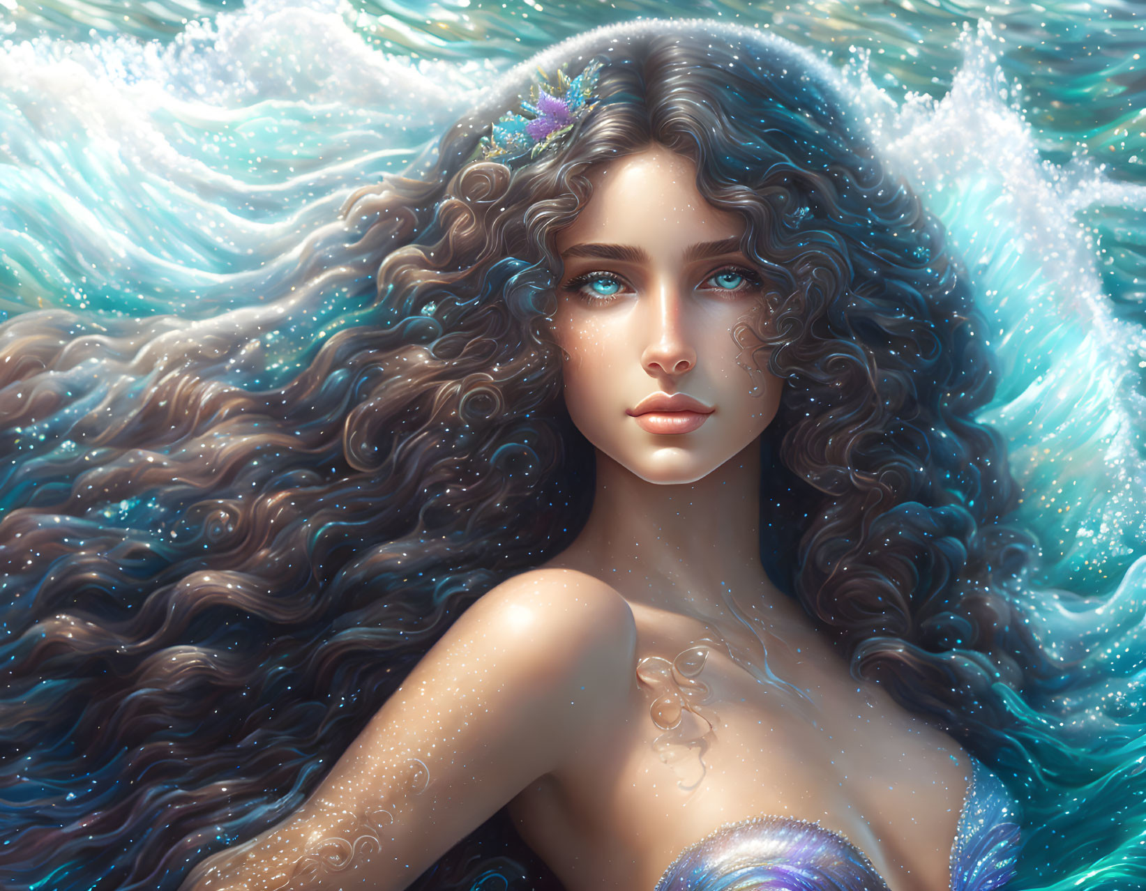 Ethereal mermaid with curly hair and blue eyes in ocean waves