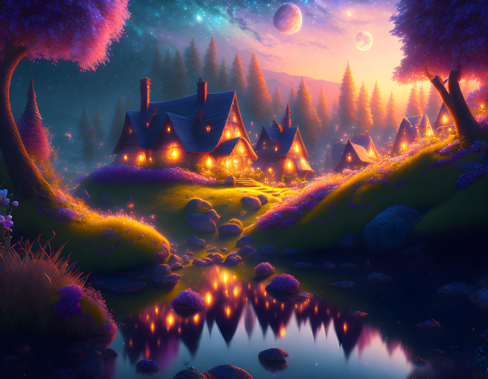 Twilight scene of cozy village with glowing cottages, lush flora, reflective pond, and three moons