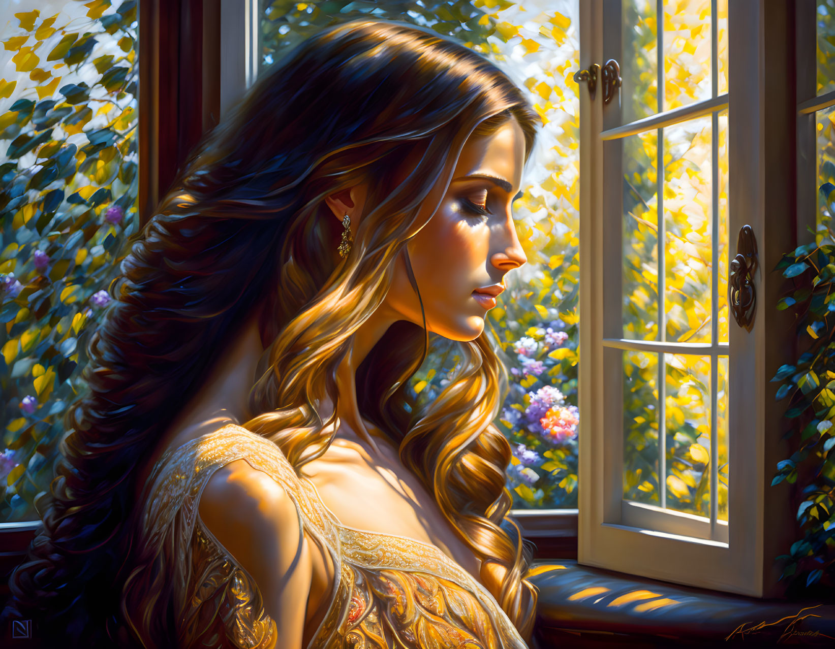 Woman with flowing hair gazes out sunlit window with autumn leaves.