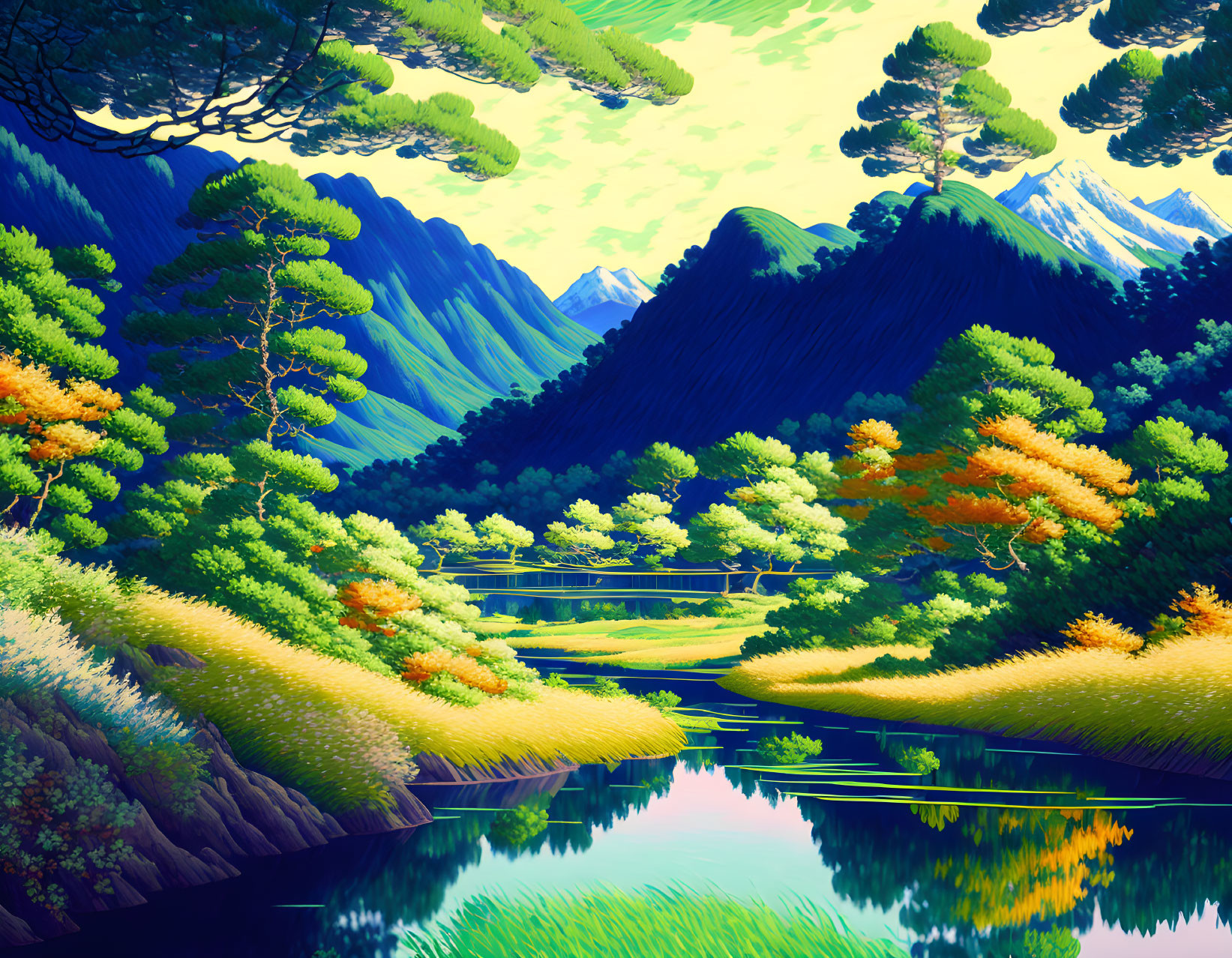 Colorful Forest Landscape with River and Mountains in Digital Art