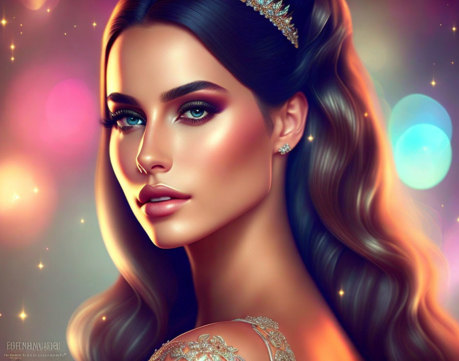 Digital portrait of woman with flowing hair, shimmering makeup, diadem, and bokeh lights.