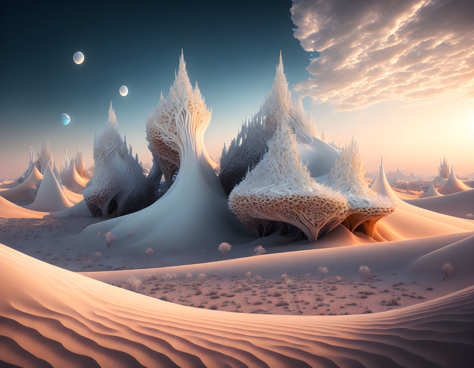 Surreal landscape with intricate ice formations under an orange sky