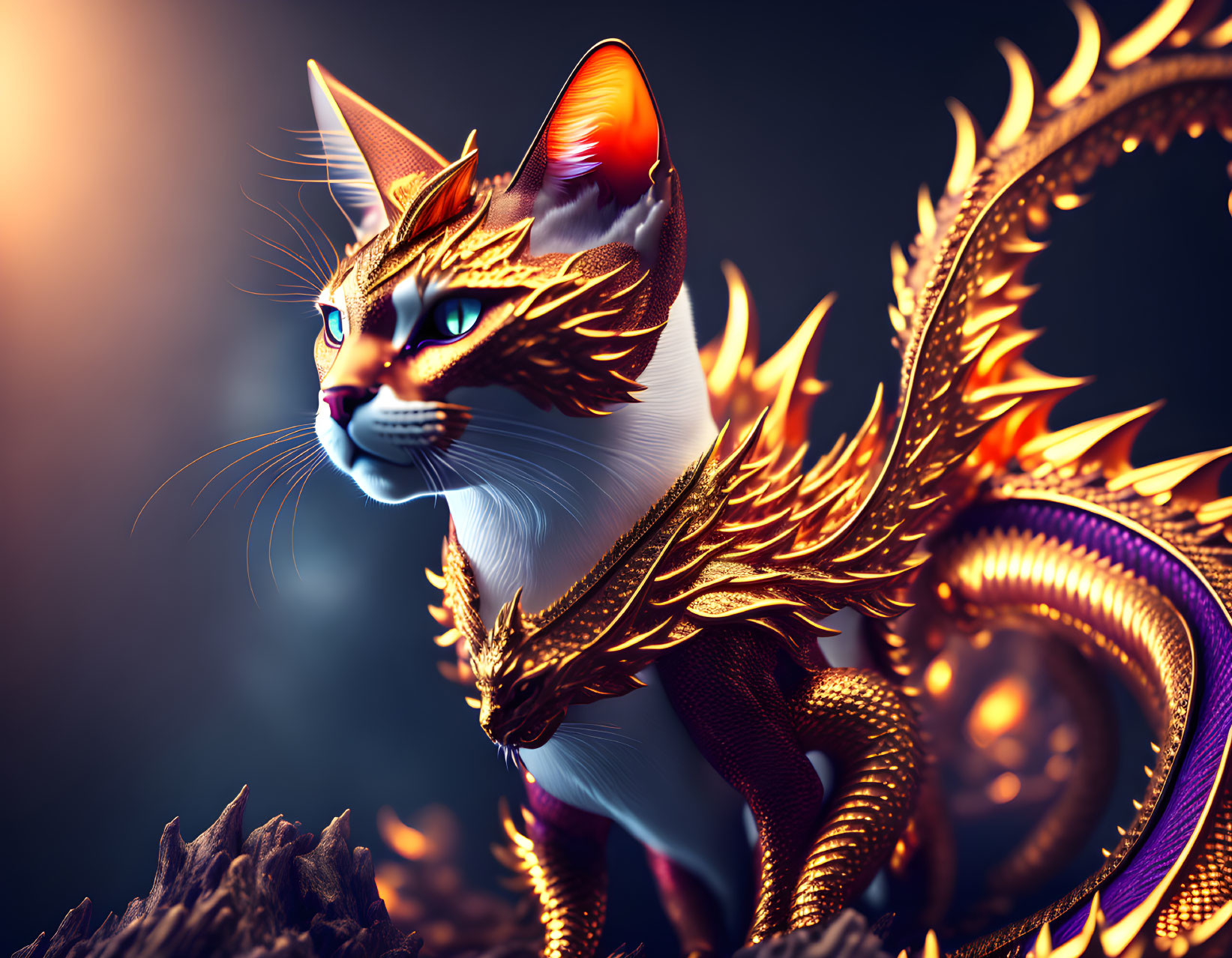 Fantasy cat with golden dragon scales and wings on rock at twilight