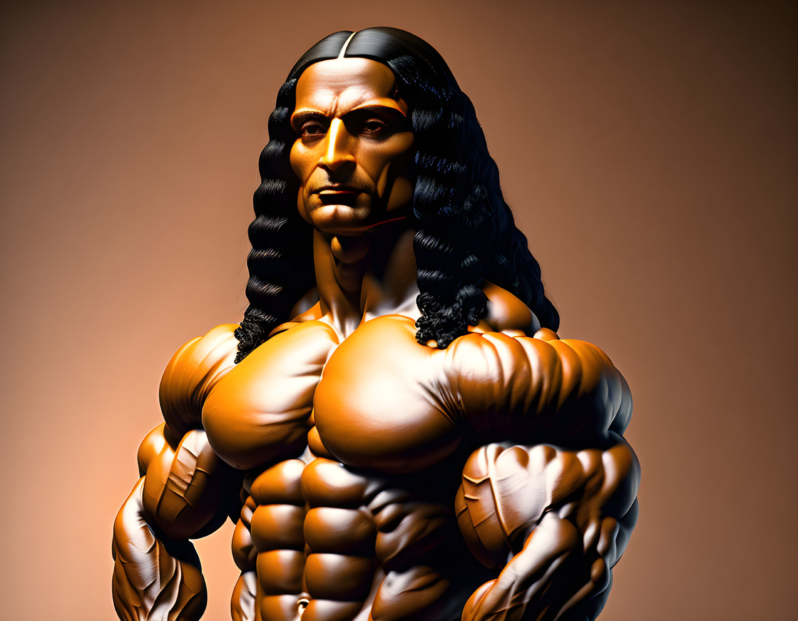 Hyper-muscular figure with long hair on tawny background